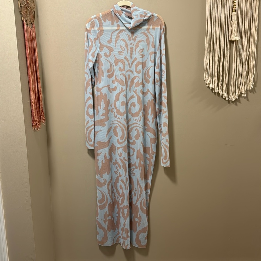 AFRM Light Blue & Cream Long Sleeve Mesh Maxi Dress